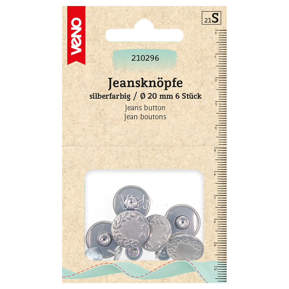 Jeansknöpfe 20 mm in Silber von VENO – Ansicht eines 6er-Packs auf weißem Hintergrund